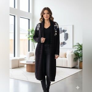 Guess knit long cardigan open front embroidered floral details‎ heavy